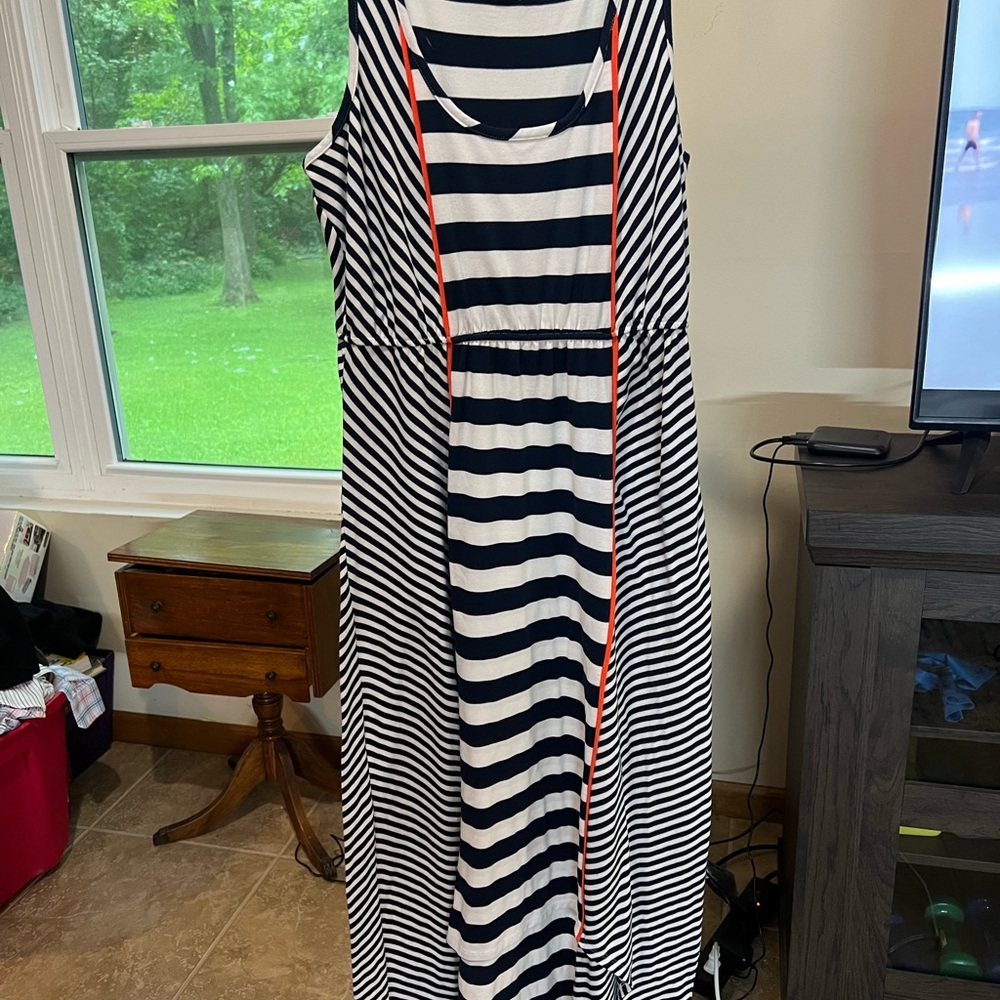 Maurices Navy and White Striped Tank Maxi Dress with Coral Trim